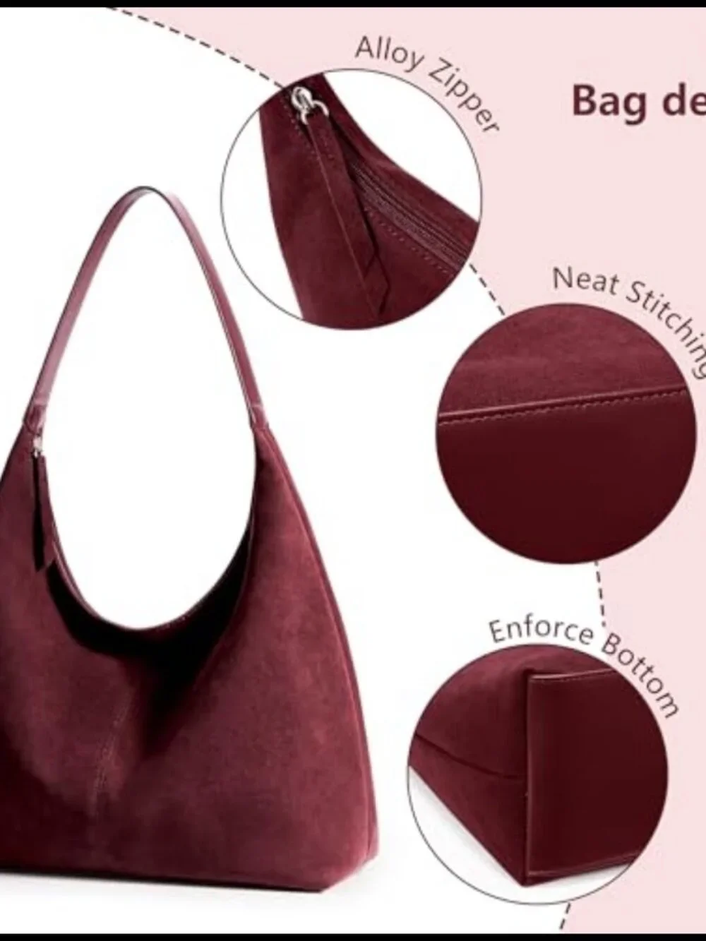 Slouchy Hobo Tote Bag Vegan Leather Zipper Shoulder Handbag